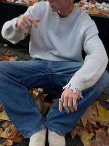 ANDREILEE 宽松舒适休闲高街纯色圆领长袖流苏做旧套头毛衣，适合春、秋、冬三季穿着。 - 白色 - 查看 5