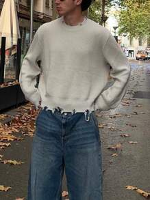 ANDREILEE 宽松舒适休闲高街纯色圆领长袖流苏做旧套头毛衣，适合春、秋、冬三季穿着。 - 白色 - 查看 2