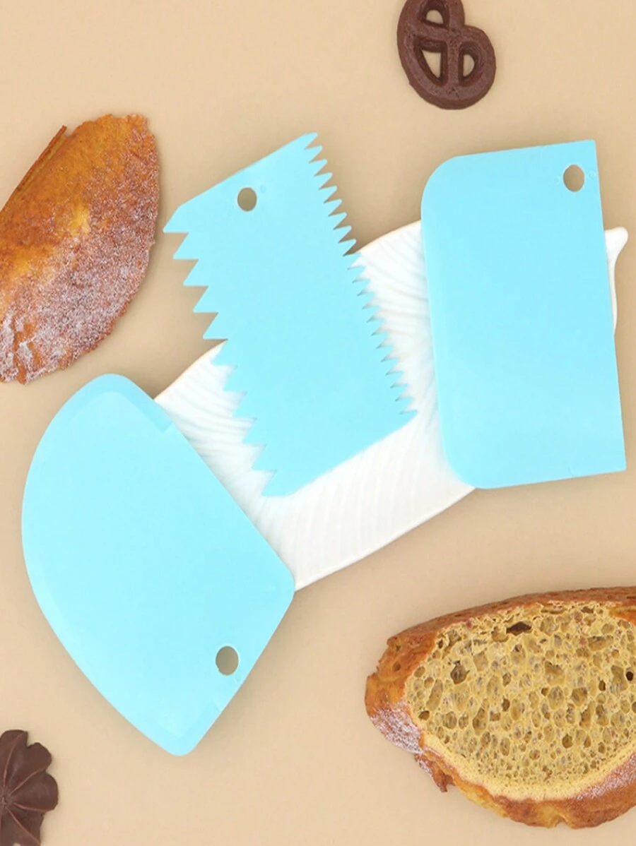 3pcs Cake Scraper, Comb & Smoother Tool Kit - Reusable Icing Sugar Dough Bread Butter Pizza Cutter, Blue