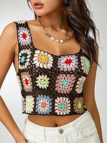 Womens Crochet Tank Top Knit Colorful Floral Embroidery Summer Boho Camisole Hollow Out Top - 黑色 - 查看 10
