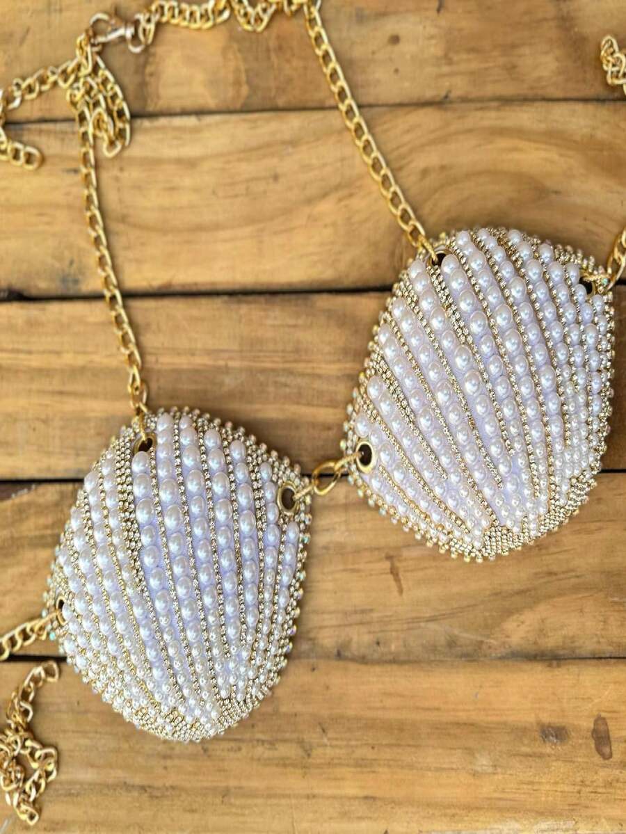 Cropped De concha com perolas - Bege - Visão 1