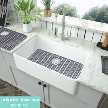 26"X14" Silicone Sink Protector Mat - Sink Protector Mats For Kitchen Sinks, Rear Drain Kitchen Sink Grate Accessory, Heat-Resistant Non-Slip, Farm House Stainless Steel Ceramic Sink Bottom Sink Mat