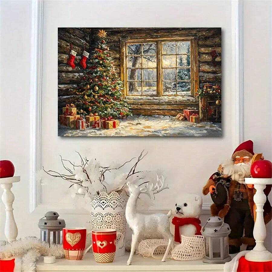 Merry Christmas And Happy New Year! Snowscape Outdoor Christmas Tree Frameless Canvas Wall Art Print, Home Decor For Living Room Bedroom, Holiday Party Decoration, Gift Christmas Decorations Room Decor
