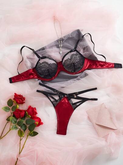 French Romantic Design, Christmas Edition Sheer Mesh Patchwork Burgundy Sexy Lingerie Set, Women's Bra And Seductive Thong, Suitable For Date Night And Romantic Getaway, Sexy Gift Idea