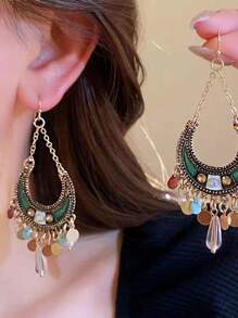 Pendientes colgantes con borla de resina, media luna y gota de agua con rhinestone - Exquisitos pendientes únicos y retro personalizados