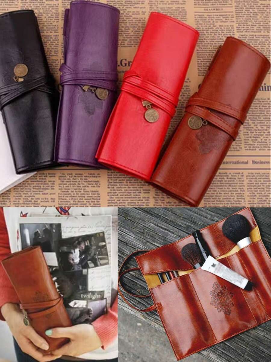 皮革铅笔盒，1 个新卷 PU 皮革钱包包，复古化妆包，大容量捆绑三折化妆收纳包，具有独特的图案和装饰，非常适合存放在旅行盒中 - 彩色 - 查看 1