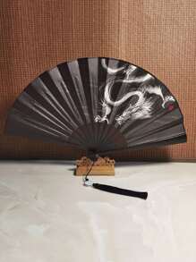 1 Peça Leque Decorativo Tecido em Estilo Chinês, Desenho Vintage Adequado para Festa/Uso Diário - Preto - Visão 2