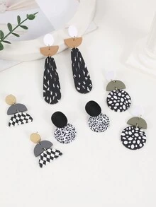 1 对时尚独特手工聚合物粘土经典黑白多形状耳环，适合女士，适合聚会、派对和日常佩戴 - 經典款 - 查看 1
