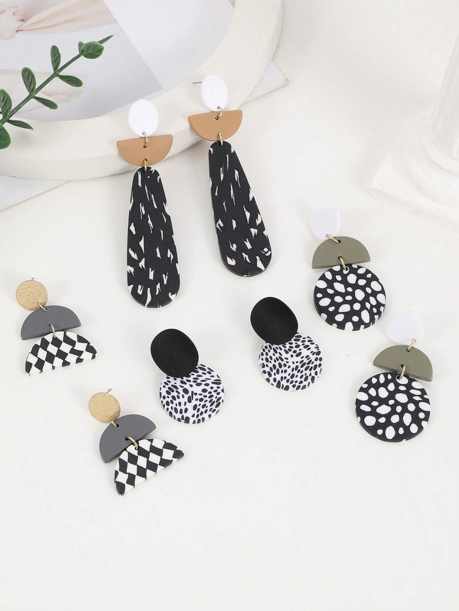 1 对时尚独特手工聚合物粘土经典黑白多形状耳环，适合女士，适合聚会、派对和日常佩戴 - 經典款 - 查看 1