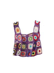 Womens Crochet Tank Top Knit Colorful Floral Embroidery Summer Boho Camisole Hollow Out Top - Purple - View 1