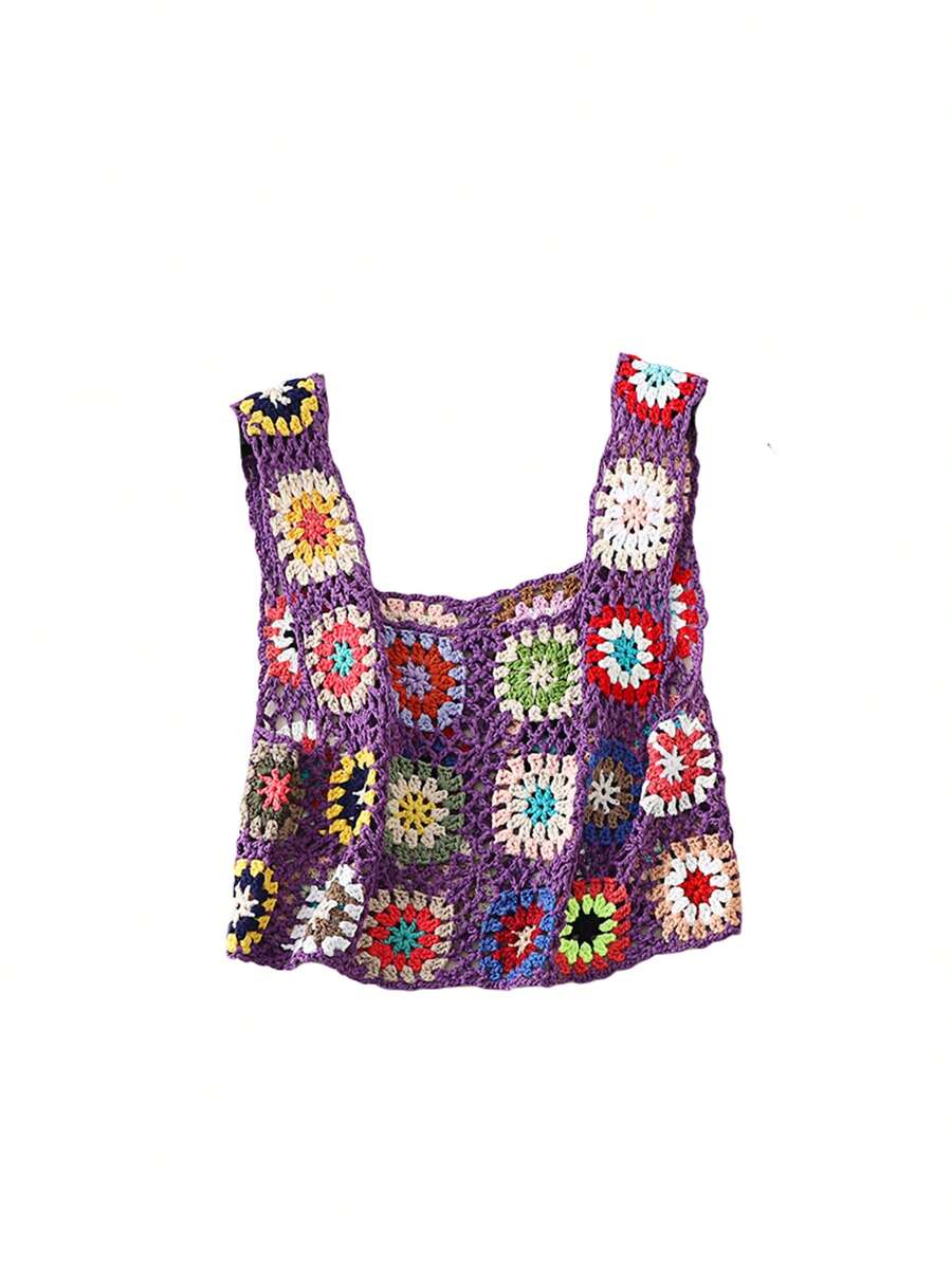Womens Crochet Tank Top Knit Colorful Floral Embroidery Summer Boho Camisole Hollow Out Top - Purple - View 1