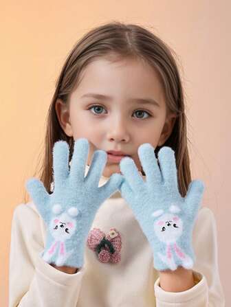 1 pereche de mănuși de iepure despărțite cu degetele pentru copii, mănuși calde de iarnă tricotate, design drăguț de desene animate pentru fete mici, toamnă/iarnă