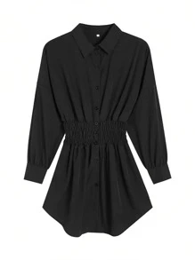 Women's Elegant Solid Color Pleated Waist Long Sleeve Shirt Dress For Commuting, Spring/Summer - Black - View 3