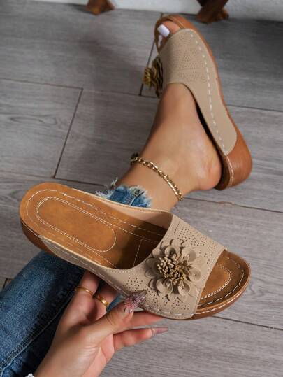 Women Printed Thick Sole Wedge Heel Open Toe Mules, Polyurethane Sole Comfortable Slip-On Wedge Sandals