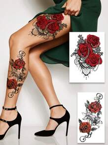 (Pack Of 5 PCS) Rose Pattern And Colorful Flower Temporary Tattoo Stickers, Female Sexy Fake Tattoos, 3D Floral Realistic Leg/Belly Tattoos, Large Size Body Art Realistic Fake Tattoos, Lasting 2-5 Days, Waterproof And Sweat Resistant Temporary Tattoos, Temporary Tattoos That Can Cover Scars, For Arms, Calves, Thighs, Neck, Waist, Chest