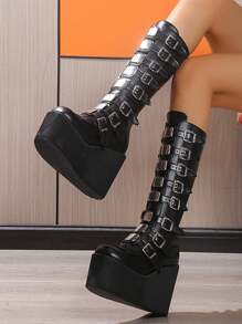 女士黑色朋克风高跟厚底休闲时尚性感冬靴，春秋新款 - 黑色 - 查看 1
