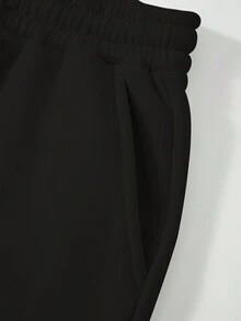 两件套女士保暖加绒抽绳圆领连帽运动衫运动裤运动裤简约字母印花适合秋冬季带口袋束脚运动裤舒适贴肤保暖透气时尚休闲运动衫运动裤套装黑色字母印花 - 黑色 - 查看 3