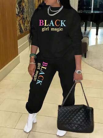 Two-Piece Women's Warm Plus Fleece Drawstring Round Neck Hoodie Sweatshirt Sweatpants Sweatpants Simple Letter Printing Suitable For Autumn And Winter, With Pockets, Bunched Feet Sweatpants Comfortable Skin Warm Breathable Fashion Casual Sports Shirt Sweatpants Suit BLACK Color Letter Printing