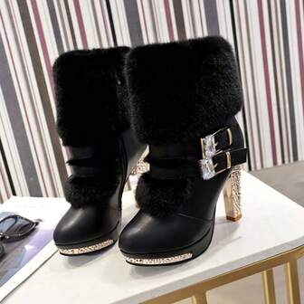 2024 Winter New Versatile High Heel Chunky Heel Short Shaft Snow Boots With Side Zipper And Fluffy, Crystal Decor, Fashion Boots, PU And Fabric