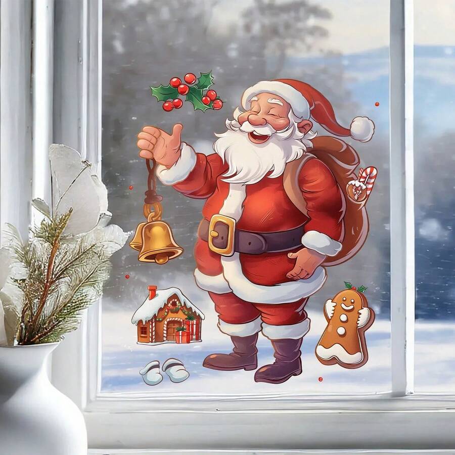 1pc Christmas Santa Claus Pattern Window Cling Sticker, Static Cling Sticker For Christmas Party Decor - Multicolor - View 1