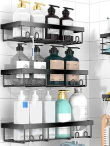 2 kệ treo tường phòng tắm, giá để đồ bằng sắt trong phòng tắm, giá để đồ trong phòng tắm, nhà bếp - màu đen - Xem 5