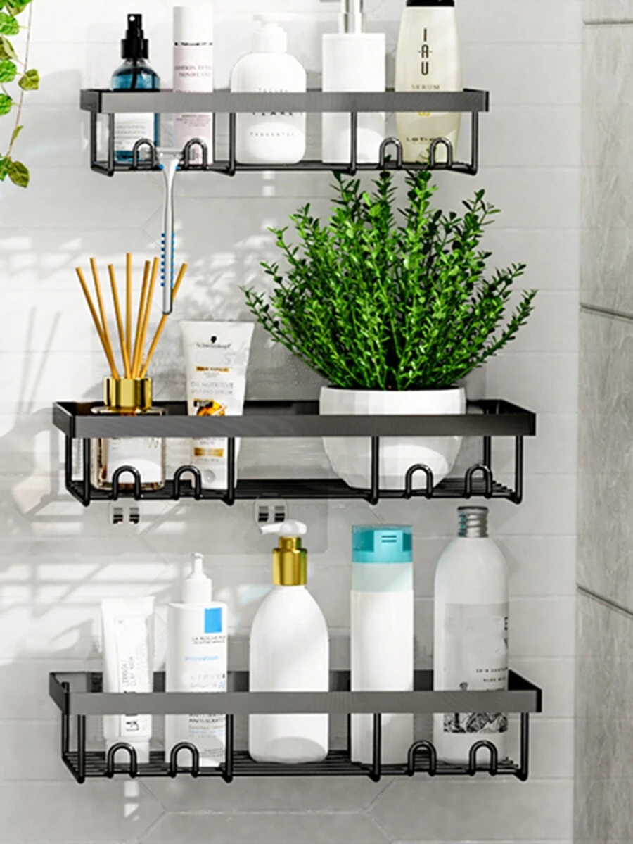 2 kệ treo tường phòng tắm, giá để đồ bằng sắt trong phòng tắm, giá để đồ trong phòng tắm, nhà bếp - màu đen - Xem 1