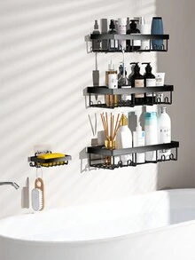 2 kệ treo tường phòng tắm, giá để đồ bằng sắt trong phòng tắm, giá để đồ trong phòng tắm, nhà bếp - màu đen - Xem 3