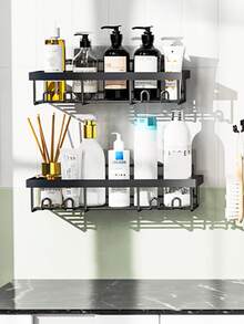 2 kệ treo tường phòng tắm, giá để đồ bằng sắt trong phòng tắm, giá để đồ trong phòng tắm, nhà bếp - màu đen - Xem 2
