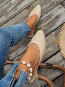 女士一脚蹬平底鞋，韩版方头，简约优雅的设计，适合日常穿着、工作、休闲外出、约会、聚会、通勤、商务。尖头平底鞋，新款软底一脚蹬，低跟，防滑，休闲，时尚，轻便，纯色，透气平底鞋（尺码偏小）