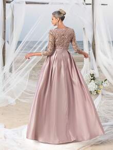 Faeriesty This Mosy Brand V-Neck 3/4 Sleeve A-Line Skirt Wedding Guest Dress Features A Lace Bodice And Satin Skirt, Suitable For Weddings, Formal Ceremonies, Banquets, Galas, And Church Events. - Dusty Pink - View 3