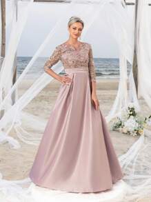 Faeriesty This Mosy Brand V-Neck 3/4 Sleeve A-Line Skirt Wedding Guest Dress Features A Lace Bodice And Satin Skirt, Suitable For Weddings, Formal Ceremonies, Banquets, Galas, And Church Events. - Dusty Pink - View 4