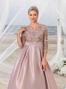 Faeriesty This Mosy Brand V-Neck 3/4 Sleeve A-Line Skirt Wedding Guest Dress Features A Lace Bodice And Satin Skirt, Suitable For Weddings, Formal Ceremonies, Banquets, Galas, And Church Events. - Dusty Pink - View 8