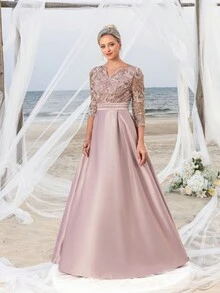 Faeriesty This Mosy Brand V-Neck 3/4 Sleeve A-Line Skirt Wedding Guest Dress Features A Lace Bodice And Satin Skirt, Suitable For Weddings, Formal Ceremonies, Banquets, Galas, And Church Events. - Dusty Pink - View 5