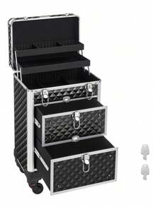 SONGMICS Make Up Trolley, Cosmetic Case, Beauty Case, Hairdressing Case, With 4 Removable Universal Wheels, Top With 3 Levels, Drawers With Slide Rails, Professional For Travel, Black - Black - View 10