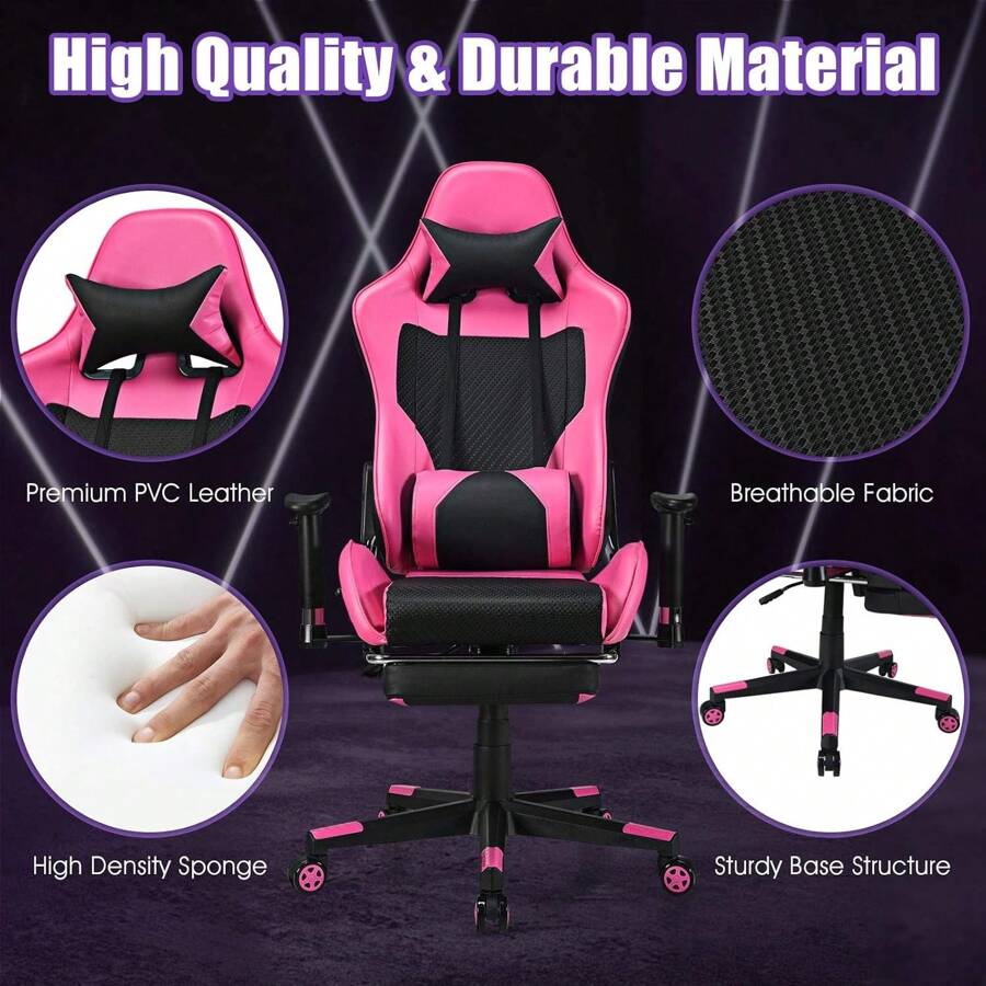 Massage Gaming Chair Pink, Ergonomic Video Game Chair With Footrest
