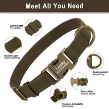 PU 复古雕刻狗项圈，纯色定制宠物项链皮革可调节颈带防丢失项圈，紫色、粉色、蓝色、绿色、棕色 - 軍綠色 - 查看 3