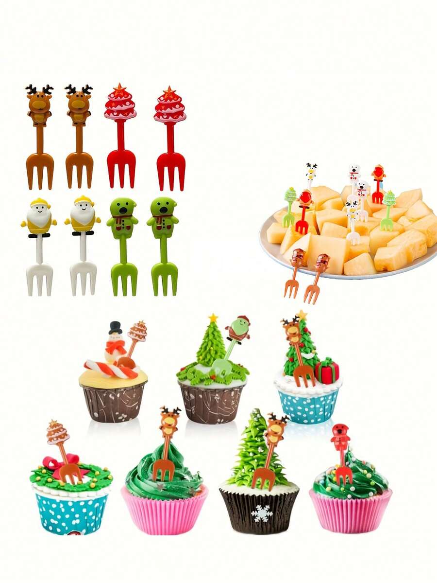 10 chiếc tăm cắm trái cây hoạt hình hình ông già Noel và tuần lộc, màu sắc và kiểu dáng ngẫu nhiên, đồ trang trí bánh tráng miệng có thể tái sử dụng, trang trí tiệc/nhà/bếp cho Giáng sinh - Nhiều màu - Xem 1