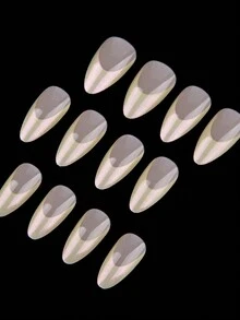 24 件休闲优雅浪漫街头简约日常假日白色珍珠装饰极光黄绿色法式中号杏仁按压指甲假指甲套装，瞬间提升您的外观，适合优雅精致的女孩和女性使用 - 黃色 - 查看 4