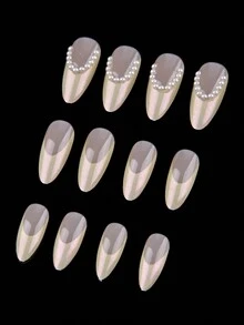 24 件休闲优雅浪漫街头简约日常假日白色珍珠装饰极光黄绿色法式中号杏仁按压指甲假指甲套装，瞬间提升您的外观，适合优雅精致的女孩和女性使用 - 黃色 - 查看 6