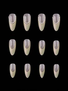 24 件休闲优雅浪漫街头简约日常假日白色珍珠装饰极光黄绿色法式中号杏仁按压指甲假指甲套装，瞬间提升您的外观，适合优雅精致的女孩和女性使用 - 黃色 - 查看 5