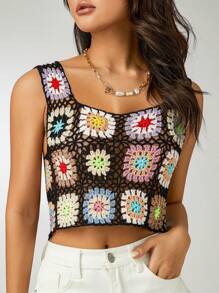 Womens Crochet Tank Top Knit Colorful Floral Embroidery Summer Boho Camisole Hollow Out Top - 黑色 - 查看 1