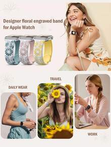 花卉雕刻表带兼容 Apple Watch 表带 40mm 38mm 41mm 42mm 44mm 45mm 46mm 49mm，柔软硅胶可爱双色花朵向日葵玫瑰运动表带兼容 Apple Watch 表带女款系列 10 9 8 7 6 5 4 3 2 1 SE Ultra Ultra 2 - 44/45/46/49/(42mm-Series 3 2 1) - 查看 3