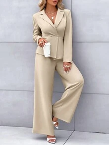 Solid Color Lapel Neck Peak Collar Double Button Long Sleeves Asymmetrical Hem Blazer And Wide Leg Pants Two-Piece Set Women's Clothes,Workplace,Commuting,Old Money Style