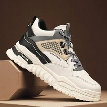 2024 新款高帮滑板鞋厚防滑鞋底青少年休闲运动鞋男士潮流白鞋 - 卡其色 - 查看 5