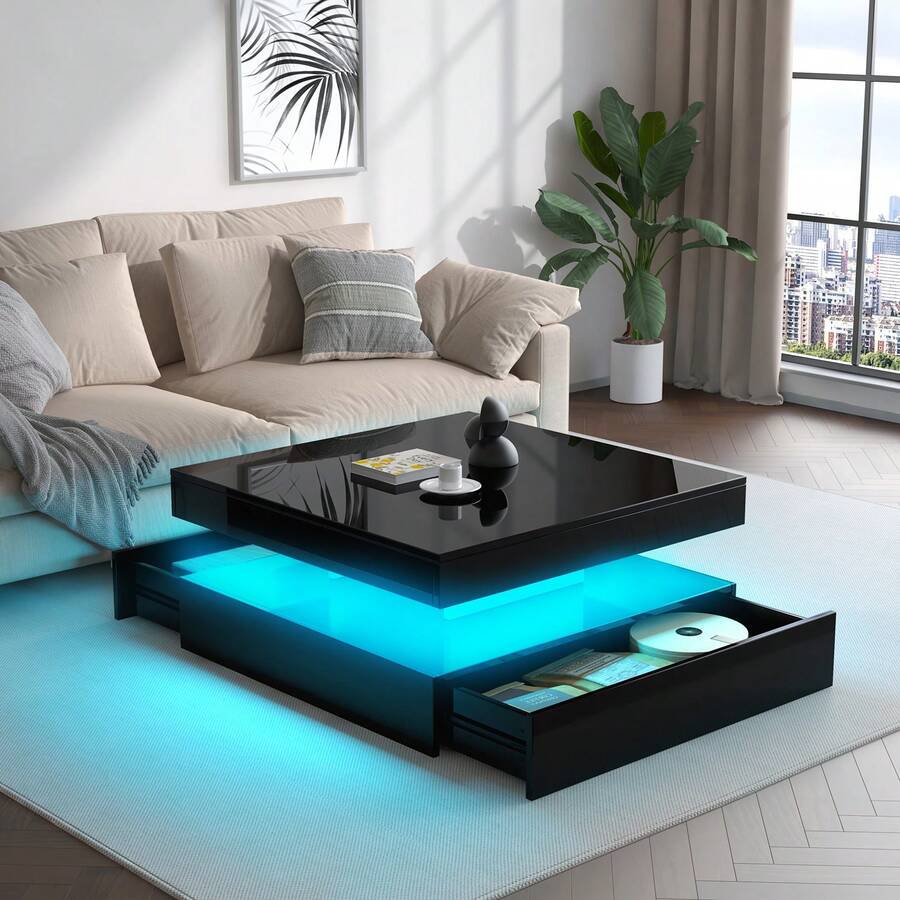 FKWin LED Coffee Table For Living Room With Storage High Glossy
