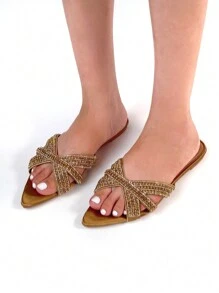 Sandalias planas puntiagudas color caqui con adornos de cadena de estrás elegantes y cómodas para mujer, para uso diario y de fiesta