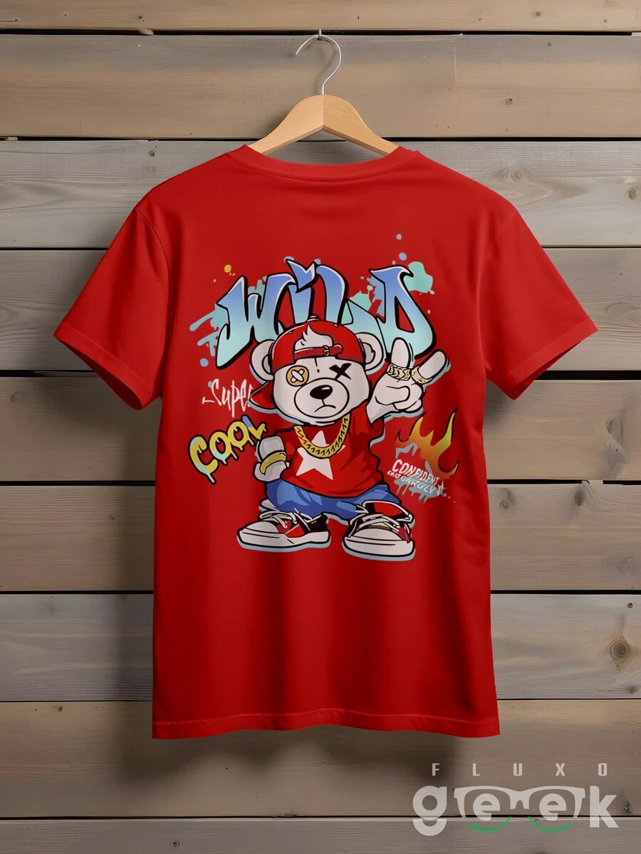 Shirt Bear T-Shirt Skate Streetwear Oversize Print Wild Bear Ref 1435 FLUXOGEEK - Đỏ - Xem 1