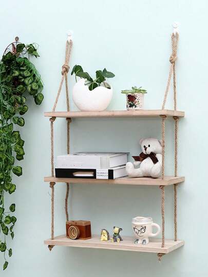 1pc Wall Hanging Decorative Rope Shelf, No Drill Needed, Macrame Rope Bookshelf, Wooden Wall Display Rack, Wall Mounted Storage Shelf, Living Room Wall Decor RackRoom Decor