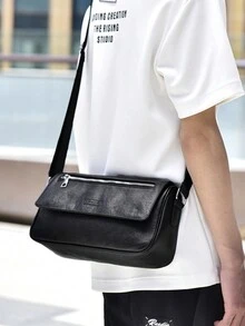 1 件男女通用斜肩斜挎包、邮差包、手提包、钱包、卡包、腰包、胸包，采用 PU 皮革制成，容量大，休闲简约设计，适合感恩节钱包假日收纳袋手提包运动包单肩包沙滩包健身包 PU 材料斜挎包复古商务单肩包理想礼物简约经典挎包男士礼物黑色包度假复古旅行圣诞礼物胸包侧包皮包流浪包腰包 - 黑色 - 查看 5