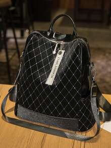1 件休闲复古水钻菱形背包。轻便时尚斜挎包。便携式个性化单肩包。大容量优雅手提包，配有可调节肩带。商务通勤包。精致挎包。撞色背包钱包。 - 黑色 - 查看 8